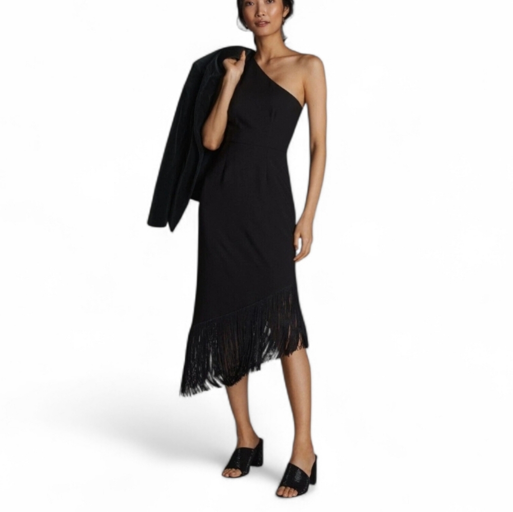 HUTCH FRINGE ONE SHOULDER‎ MIDI DRESS BLACK NEW